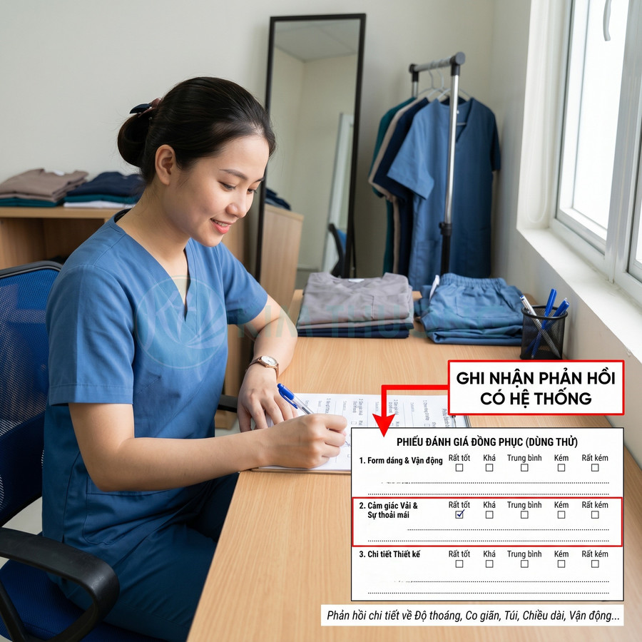 Nhân viên y tế mặc đồng phục scrub xanh ngồi ghi phiếu đánh giá chất lượng đồng phục trên bàn làm việc